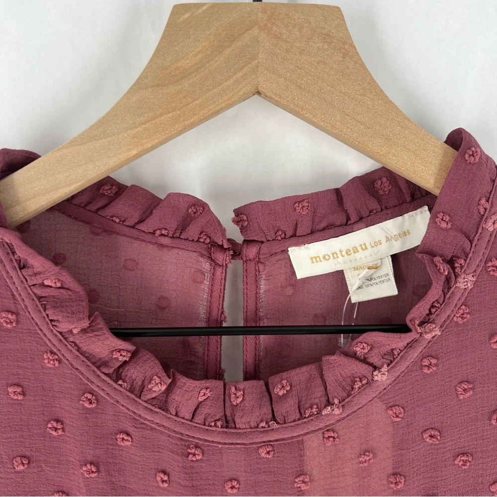 Monteau‎ Purple Sheer Swiss Dot Ruffle Neck 3/4 Sleeve Peplum Blouse NWT XL